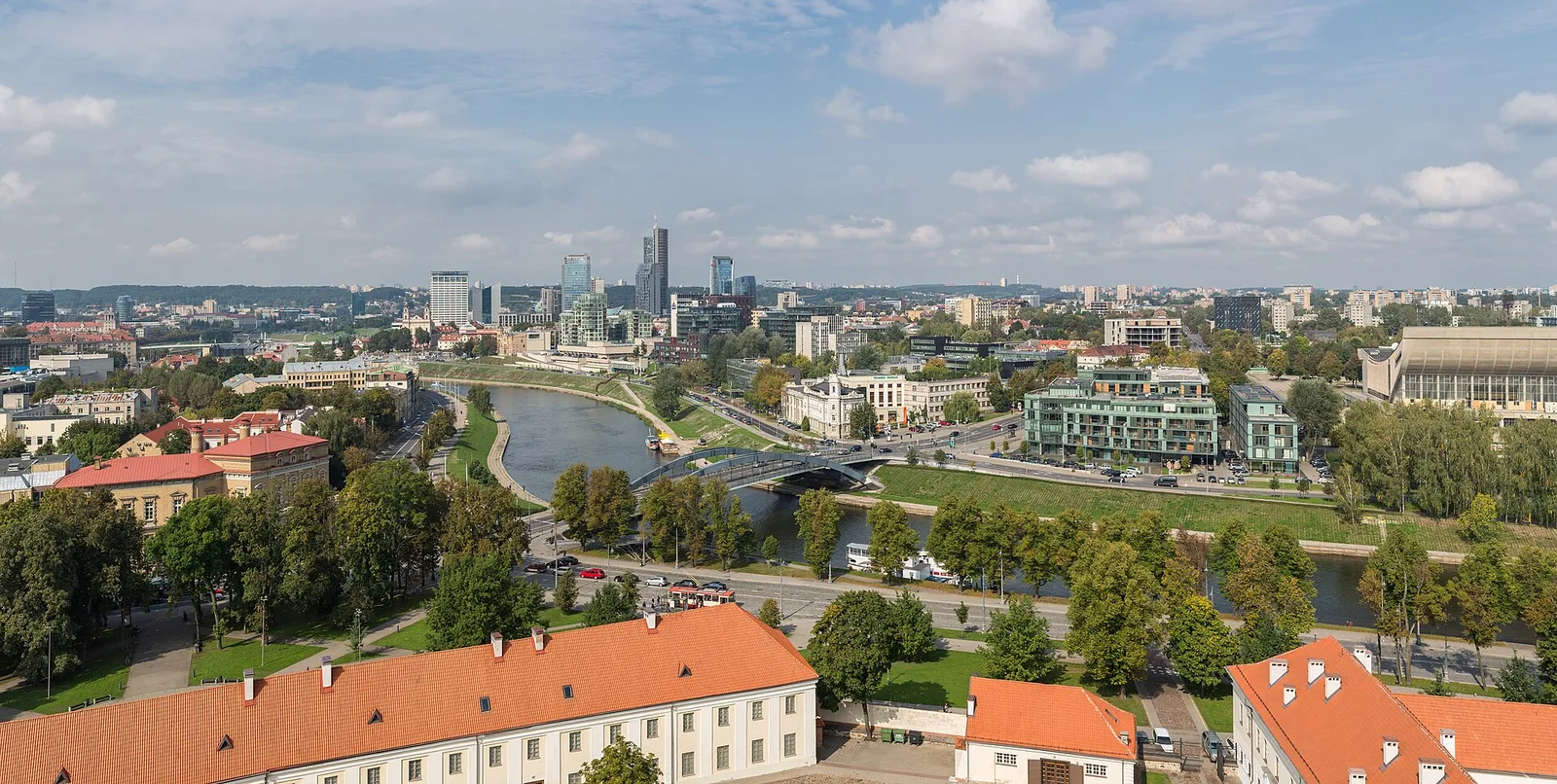 Панорамний вид на сучасний горизонт Вільнюса з річкою і мостом у центрі міста.